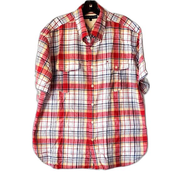 Tommy Hilfiger Short Sleeve Plaid Shirt Size Large - Picture 1 of 3